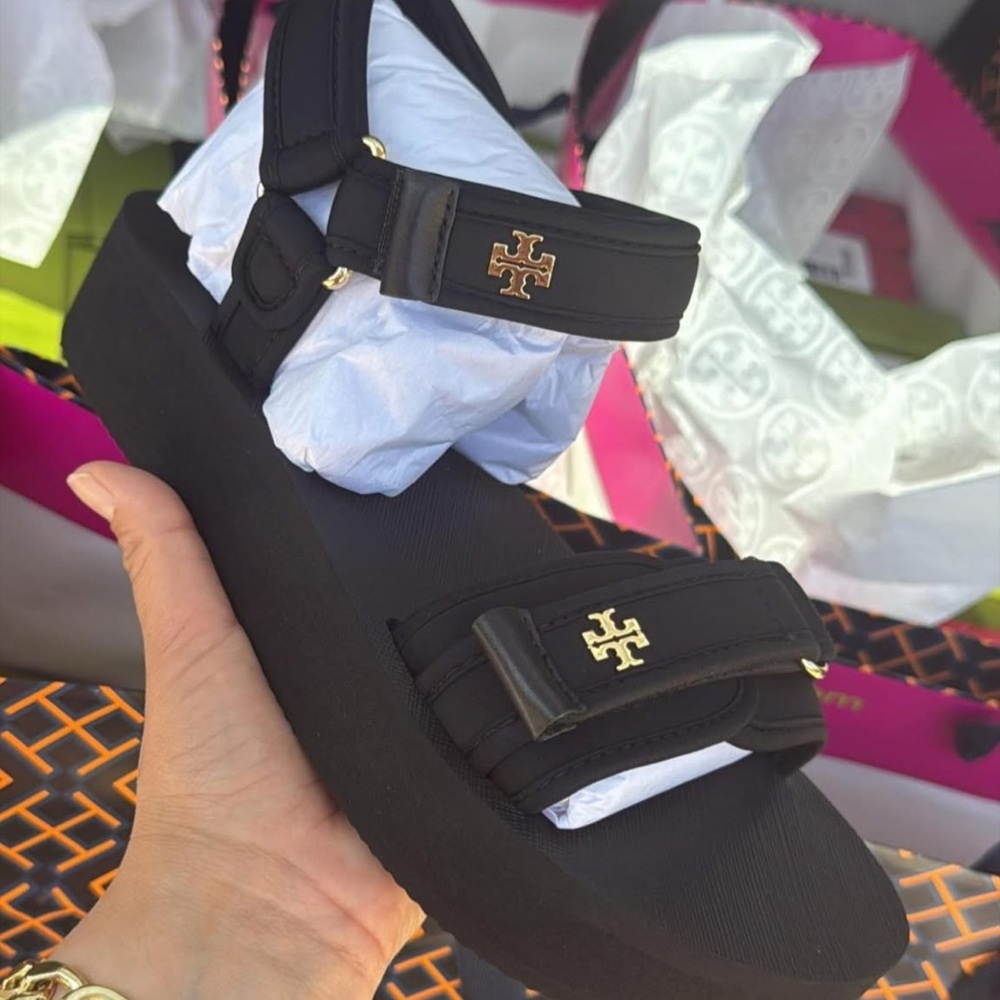 Tory Burch Black Platform Sandals with Gold Double-T Accents